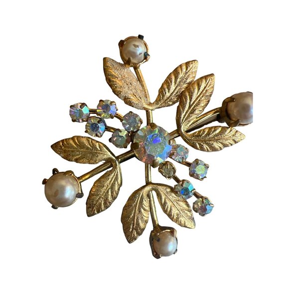 Vintage Made in Austria Gold Tone Aurora Borealis AB Crystals Etched Leaves - Picture 3 of 11